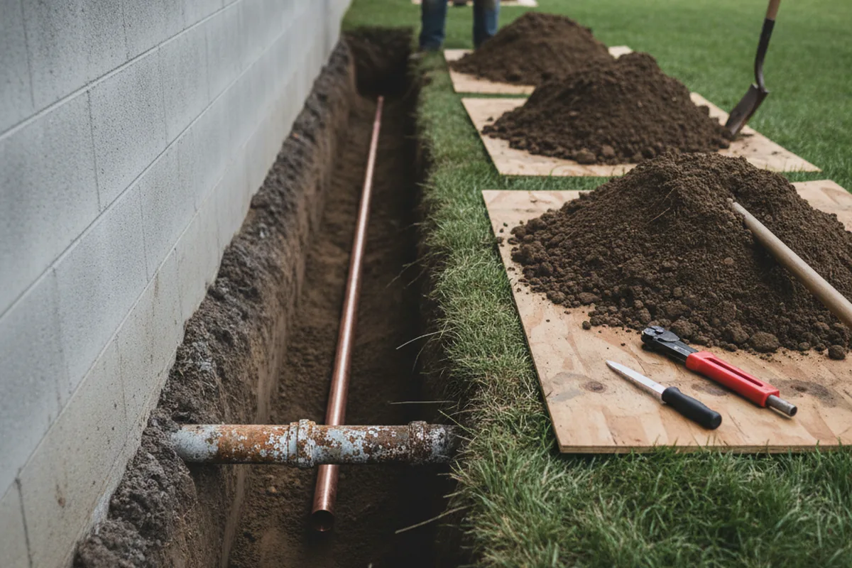 Excavated water line trench during Water Heater Repair in Woodbury
